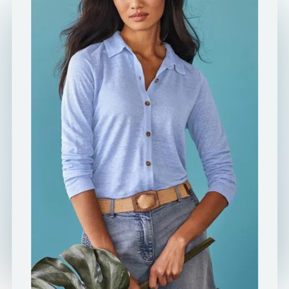 J Jill Love Linen Shirt Clear Pond Blue button-up Long sleeve Layer women’s L